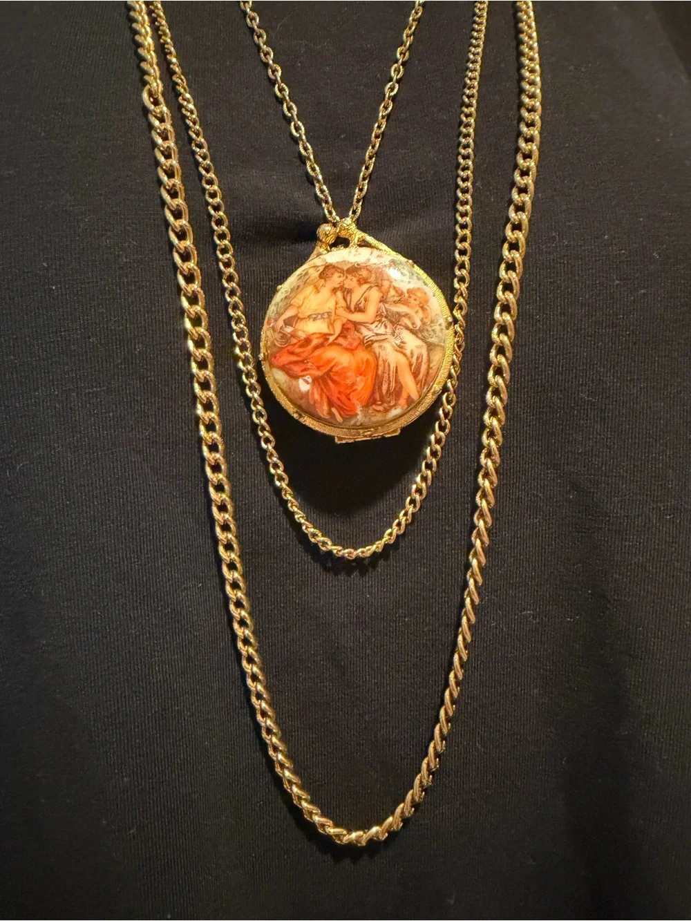 Vintage Layered Gold-Tone Necklace with Orange Cameo Locket